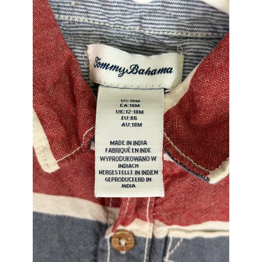 Tommy Bahama Button Down Shirt Boys 18M Red Blue Striped Short Sleeve Marlin